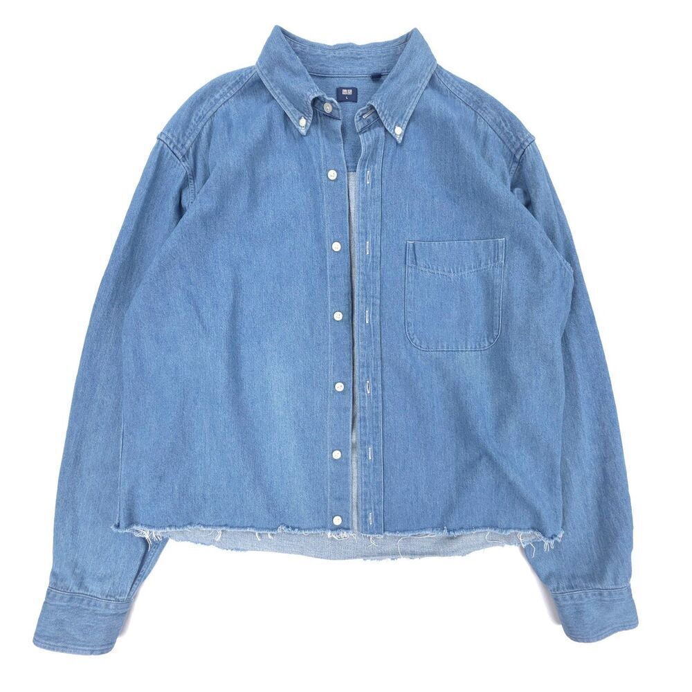UNIQLO Raw Hem Denim Boyfriend Shirt Button Down Minimal Western Boho Casual Y2k